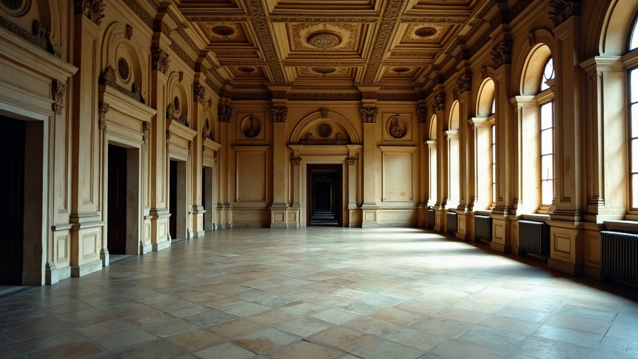 Salón barroco vacío con grandes ventanales y luz natural