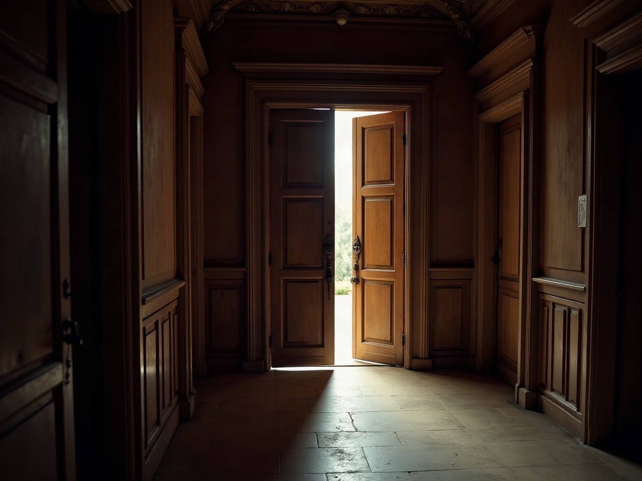 Pesada puerta de madera entreabierta en un pasillo en penumbras de un palacio europeo