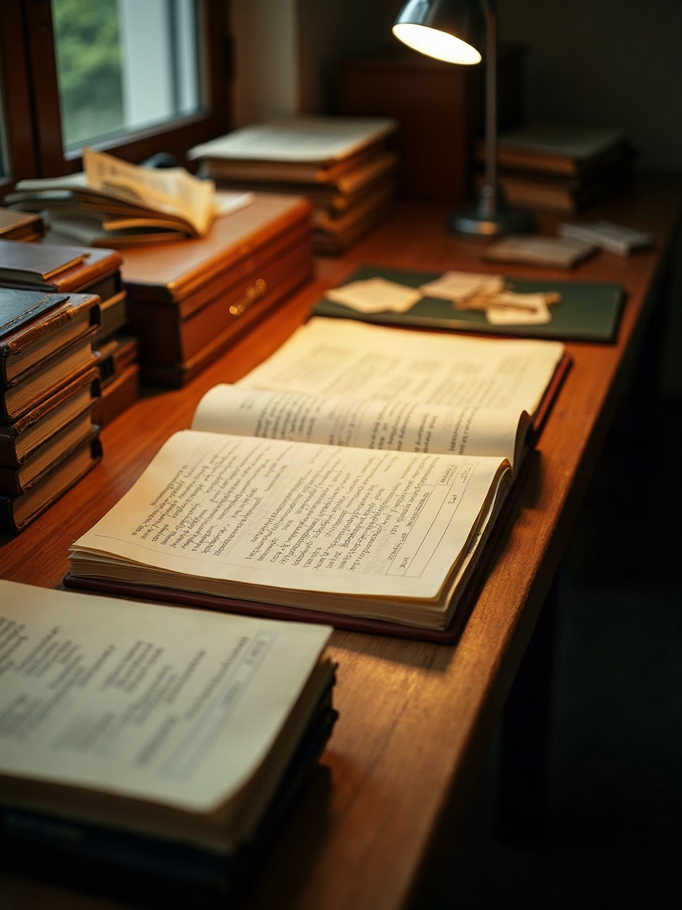 Escritorio de madera iluminado por luz cálida, cubierto de libros de contabilidad abiertos y fragmentos de papel sin texto legible.